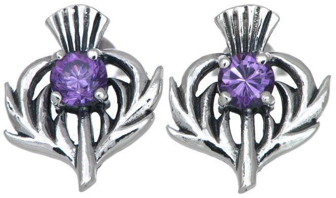 Thistle Stud Earrings - Sterling Silver Amethyst Colored Stone - celticgoods